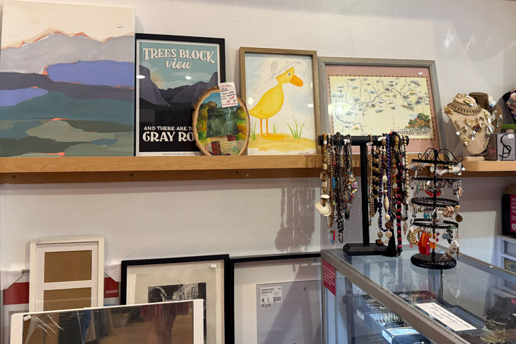 Framed artwork, necklaces, bracelets, and other secondhand jewelry at Housing Works Thrift Shop Park Slope.